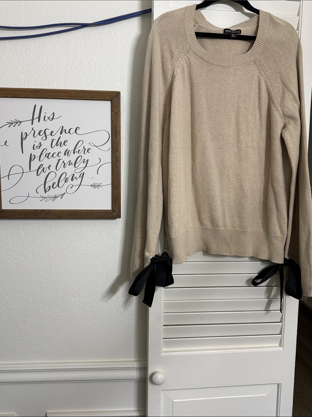 J. Crew Beige Scoop Neck Sweater with Black Bow Ties